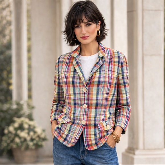 Talbots Jackets & Blazers - XL Cotton Plaid Madras Blazer Jacket Talbots 16 preppy academia stripe retro 90s